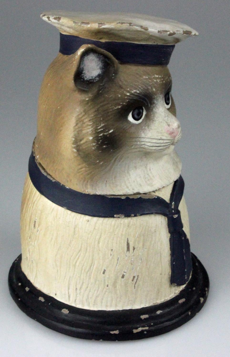 RARE Victorian Hand Painted Syroco Jar in form of a Cat in Sailors Outfit. Detailed modeling of - Bild 2 aus 6