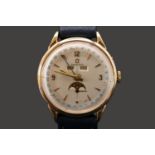 Omega Moon phase day date 17 jewel manual wind watch circa 1952. (MOVEMENT SIZED)