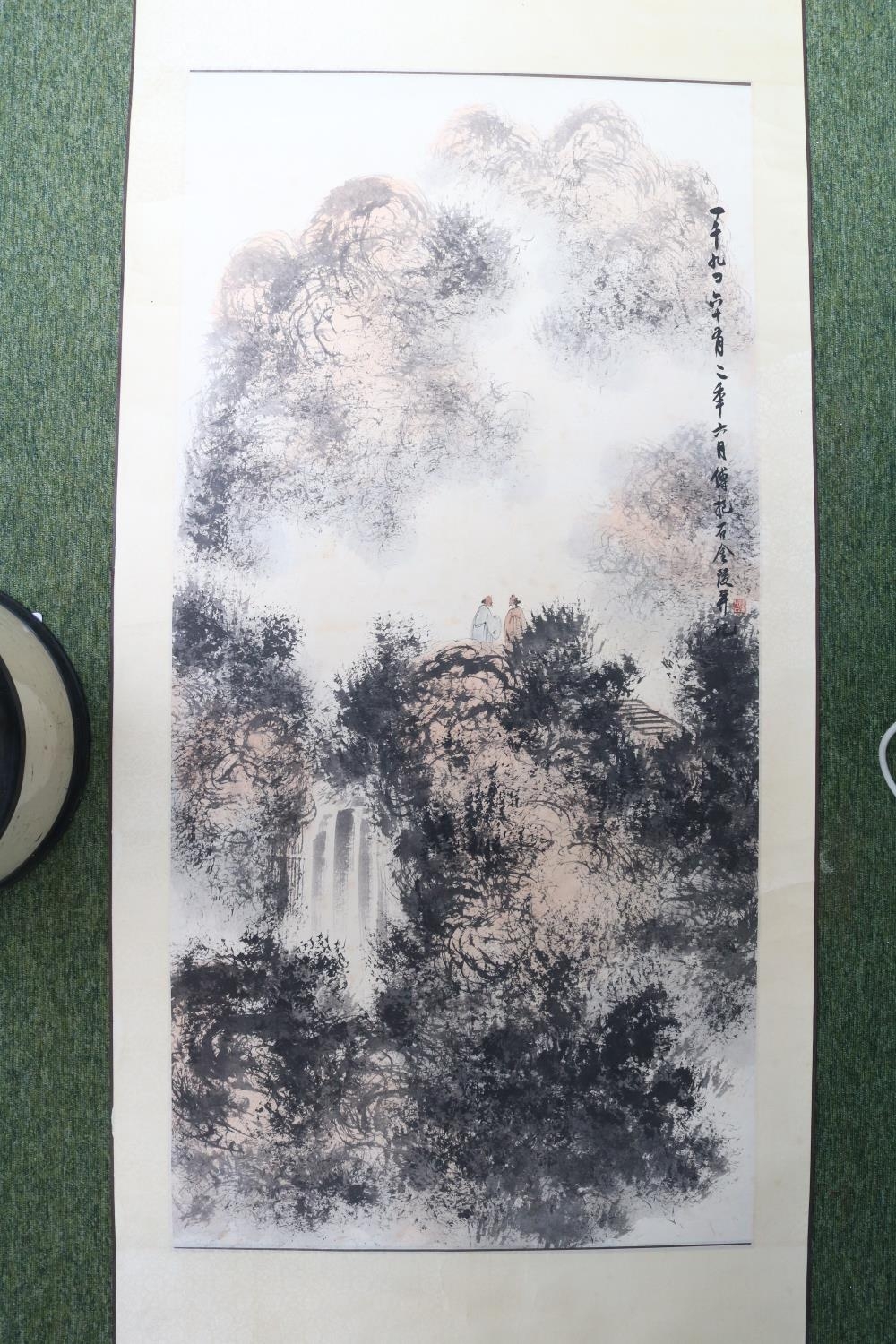 Attributed to Fu Baoshi 1904-1965. View of a waterfall and wiseman with character marks to top right - Image 2 of 3