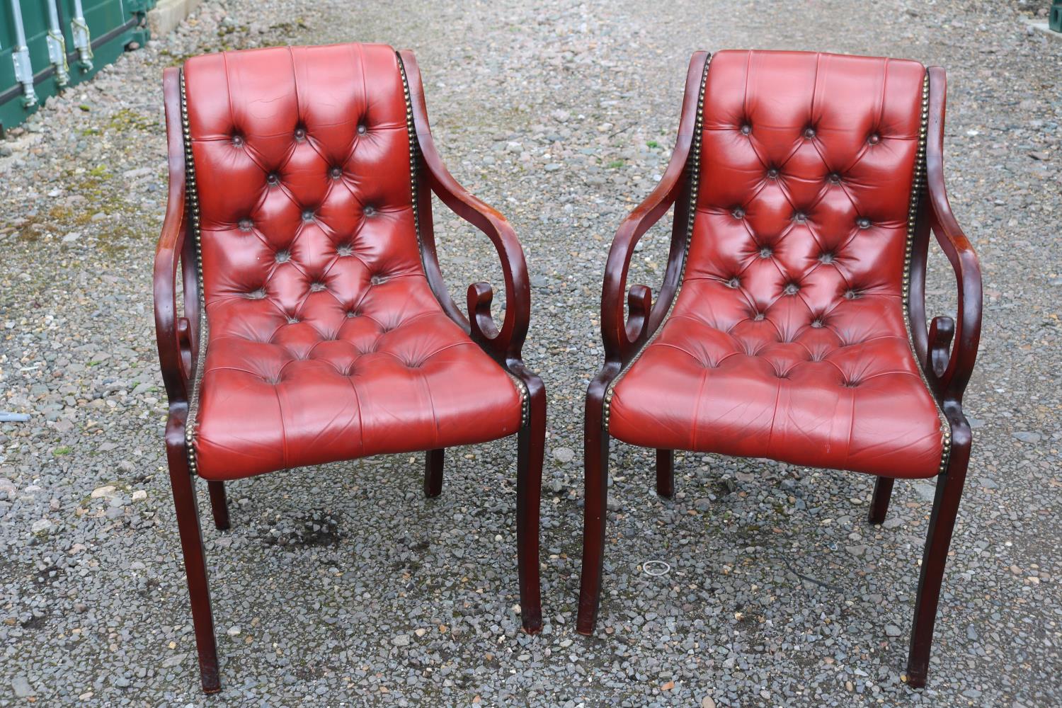 Pair of 20thC Chesterfield Button back Red Leather studded Elbow chairs with scroll arms - Image 2 of 4
