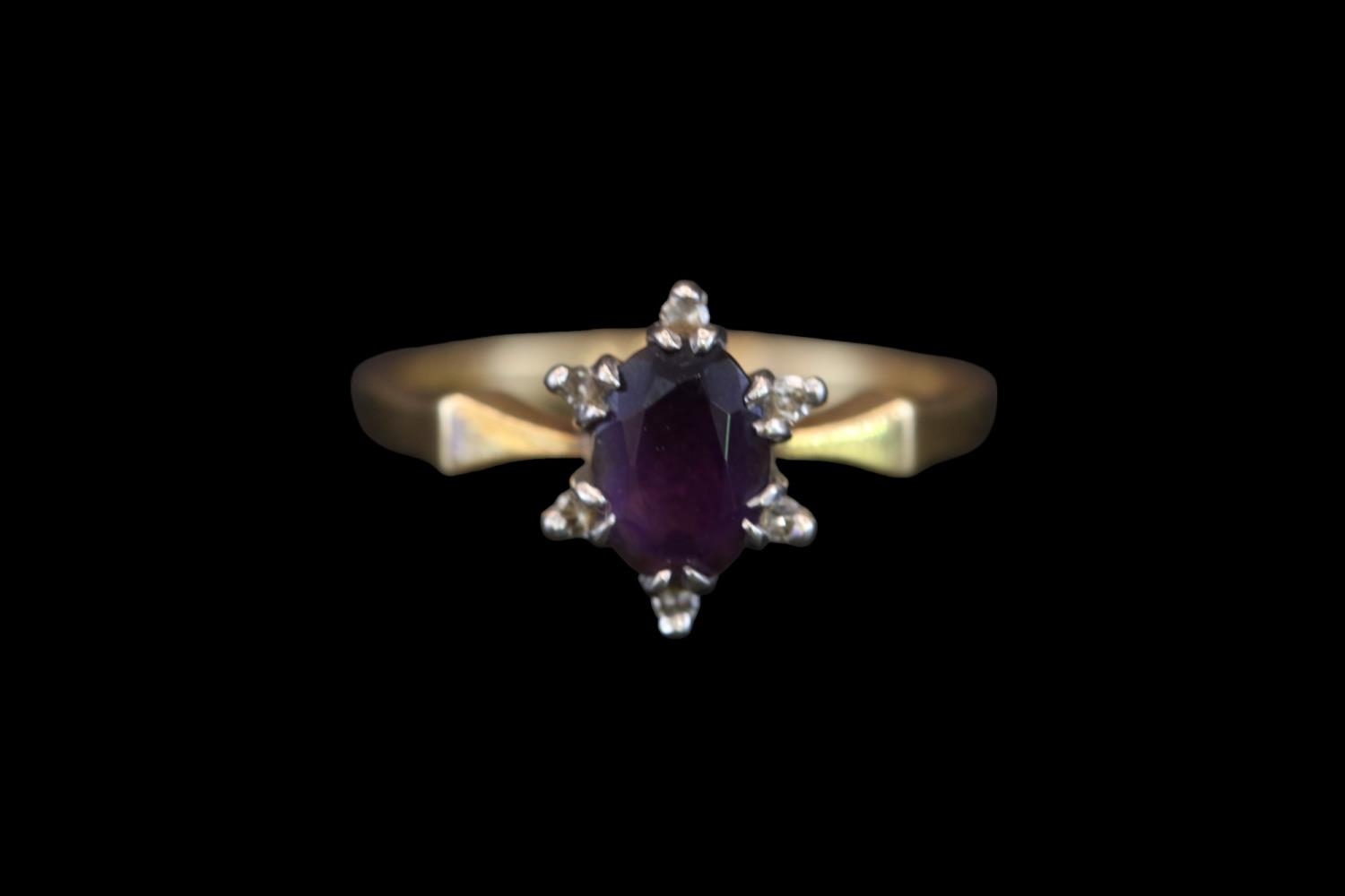 Ladies 18ct Oval Amethyst and Diamond set ring Size L. 3.5g total weight