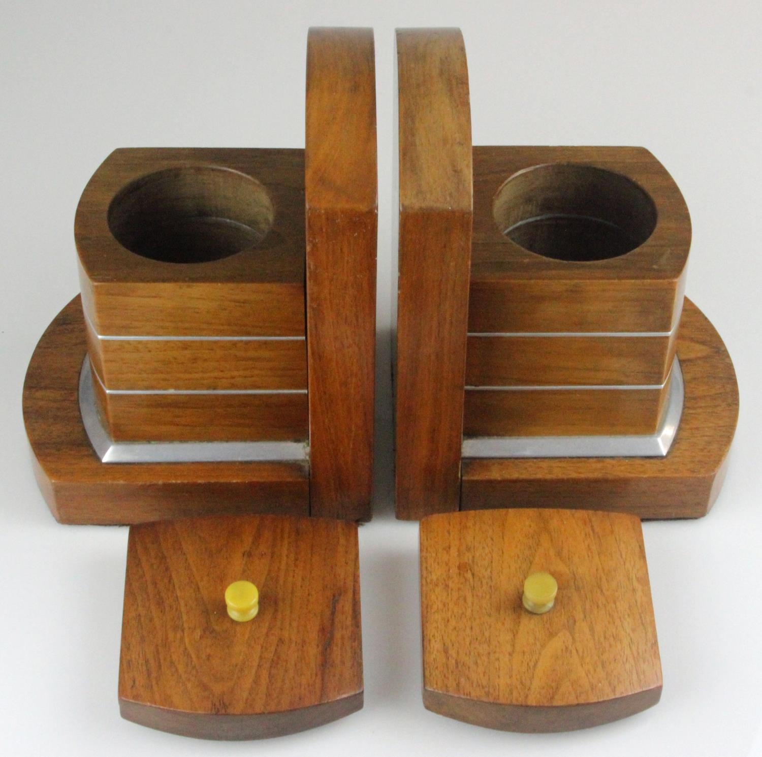 Art Deco Walnut Bookends with Aluminium Trim. Each with a compartment, fitted lid and bakerlite - Image 3 of 4