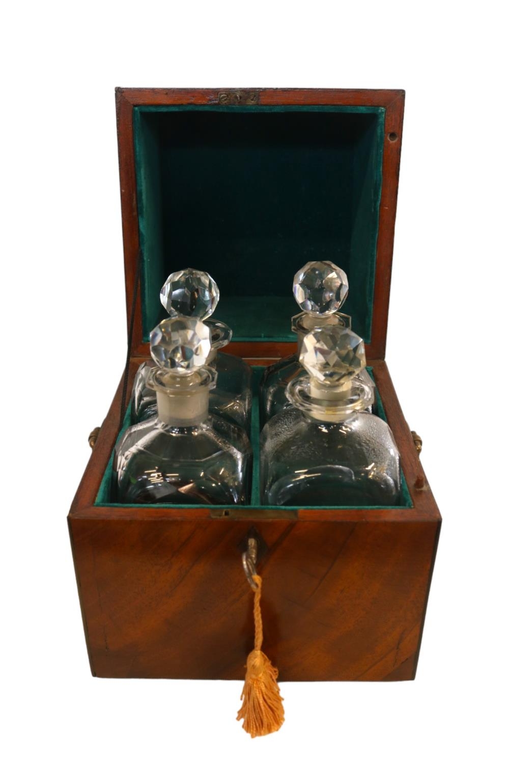 19thC Walnut Liqueur case comprising of 4 matched decanters with relined interior and brass drop