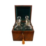19thC Walnut Liqueur case comprising of 4 matched decanters with relined interior and brass drop