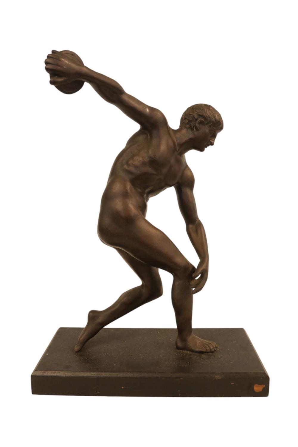 A Bronze figure of the Discus thrower after the antique C.1930s mounted on wooden rectangular