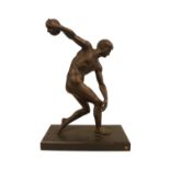A Bronze figure of the Discus thrower after the antique C.1930s mounted on wooden rectangular