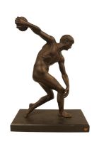 A Bronze figure of the Discus thrower after the antique C.1930s mounted on wooden rectangular