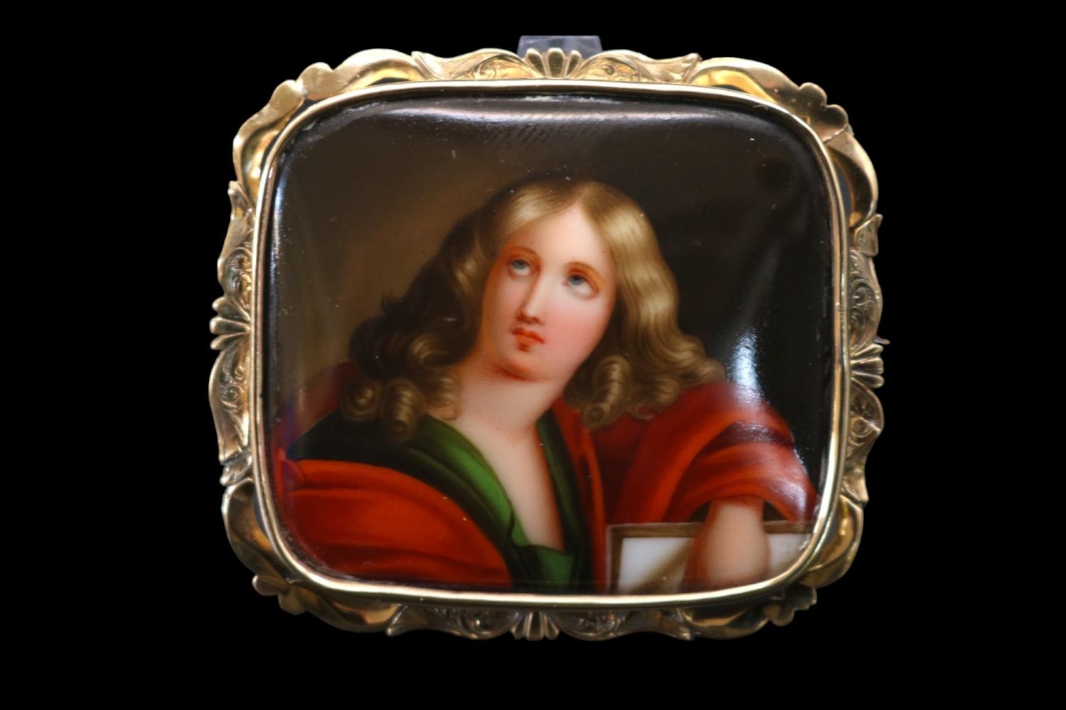 Victorian Porcelain portrait Cameo brooch of rectangular form depicting a Pre-Raphaelite portrait in