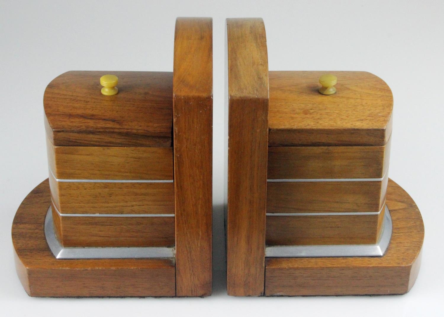 Art Deco Walnut Bookends with Aluminium Trim. Each with a compartment, fitted lid and bakerlite