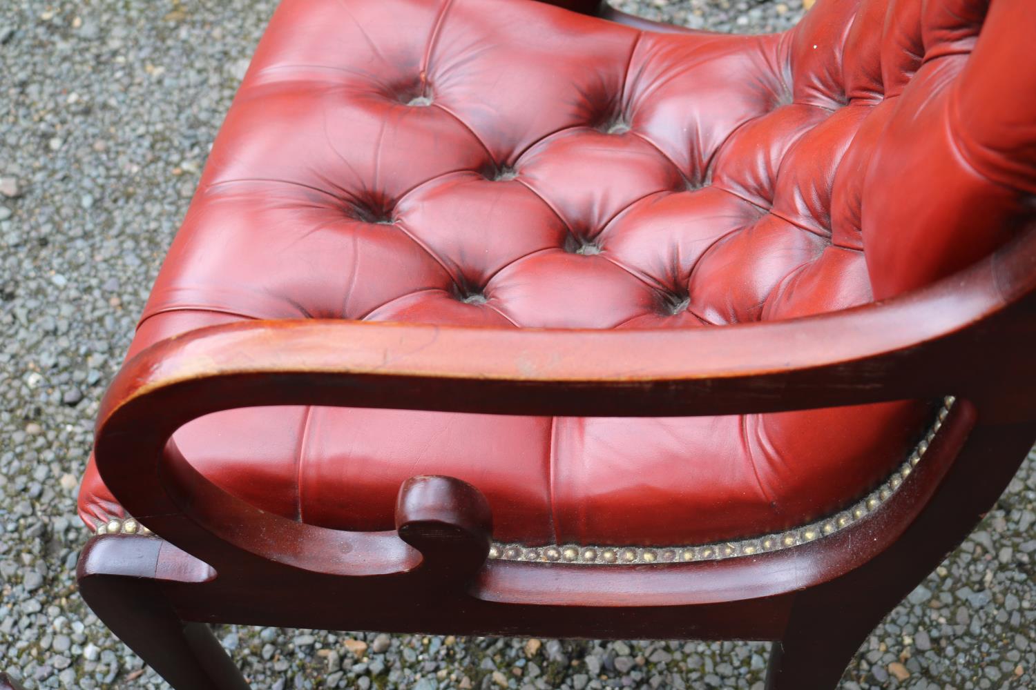 Pair of 20thC Chesterfield Button back Red Leather studded Elbow chairs with scroll arms - Image 3 of 4