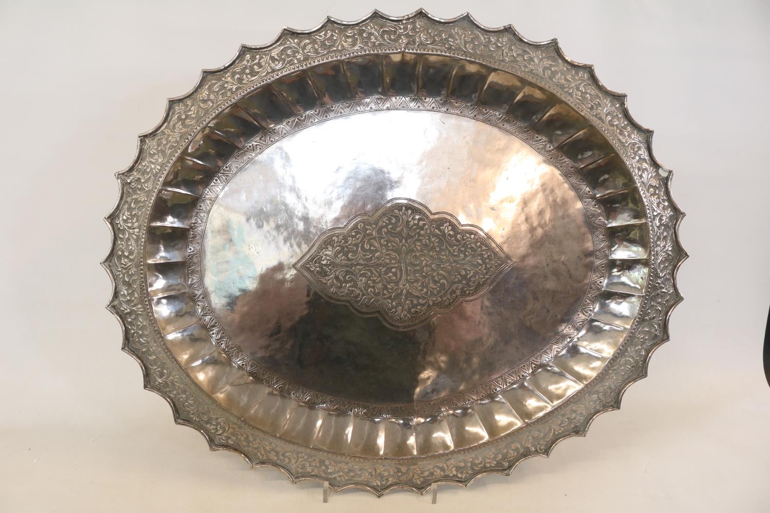 Asian Silver Oval platter decorated with chaised and embossed floral decoration. 760g total - Image 2 of 3