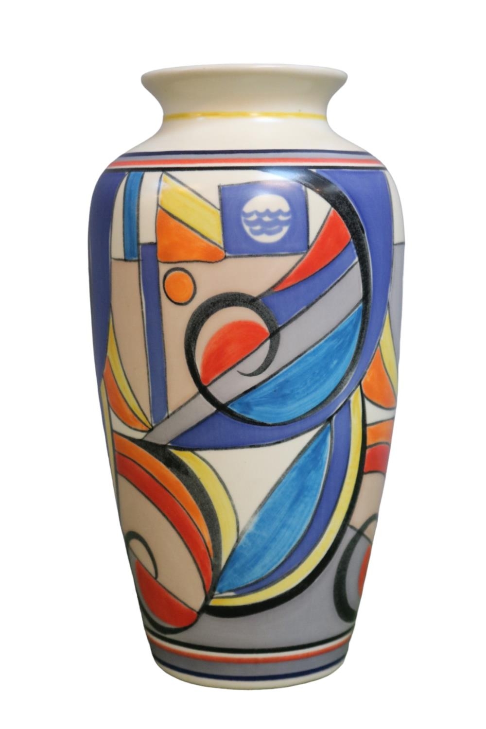 Poole Pottery Geometric Art Deco design vase signed by Karen Brown dated 1999. 21cm in Height