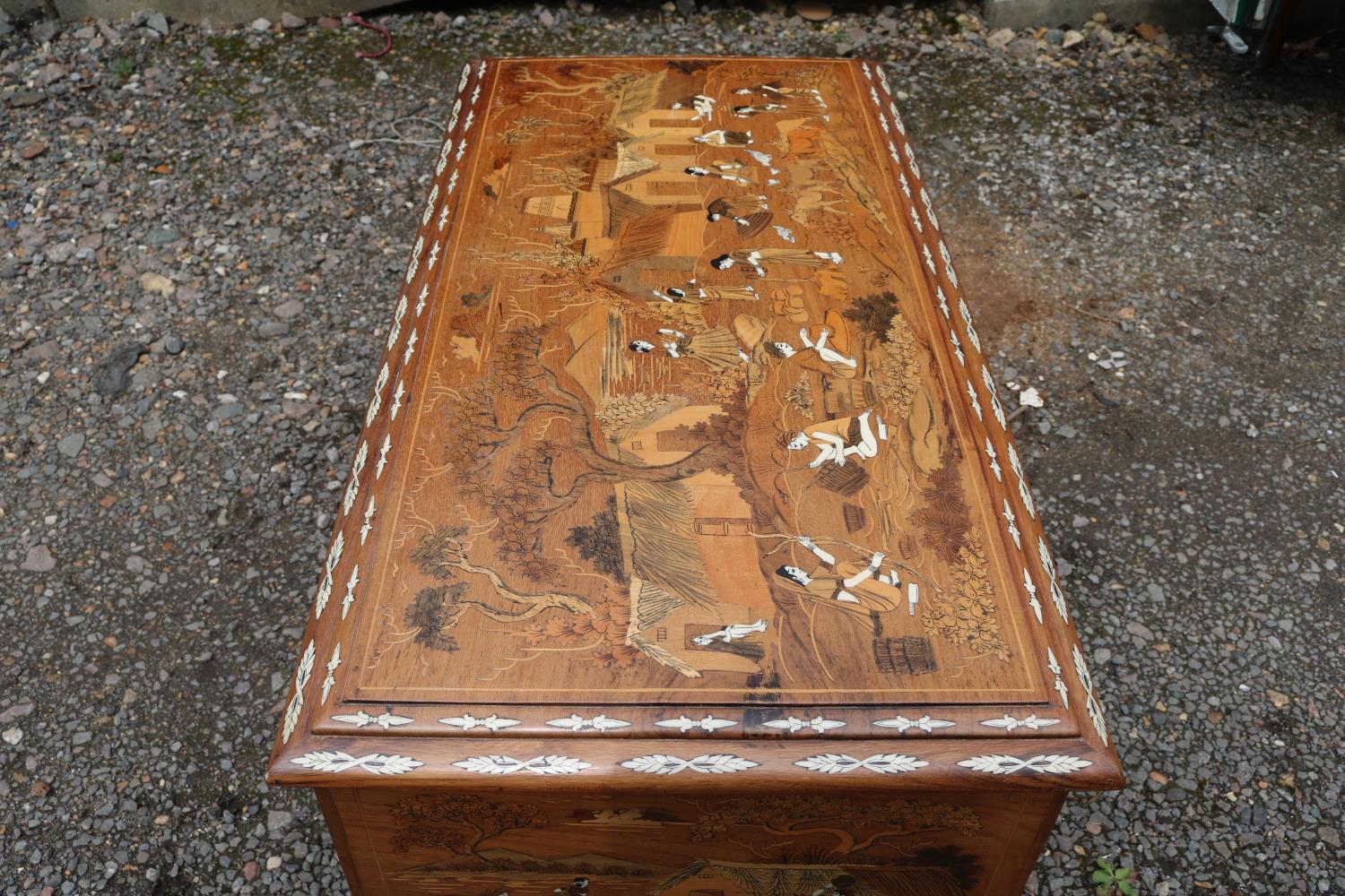 Anglo Indian Rosewood bone inlaid Mule chest supported on cabriole legs decorated with figural and - Image 3 of 7