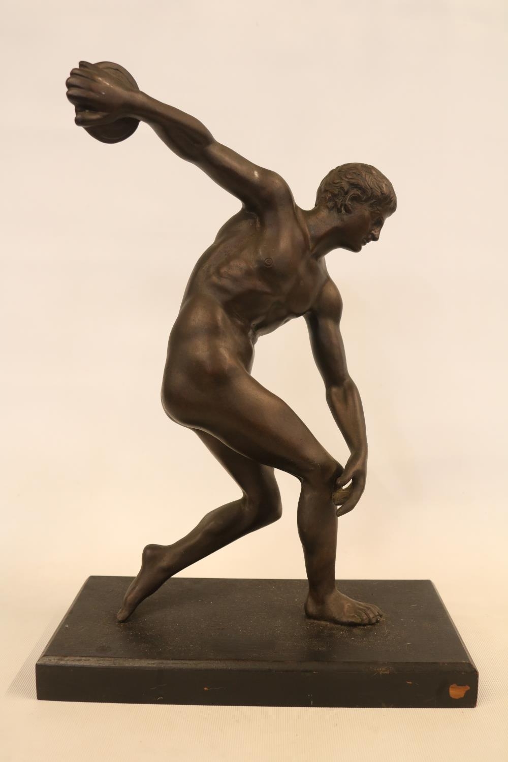 A Bronze figure of the Discus thrower after the antique C.1930s mounted on wooden rectangular - Image 2 of 3