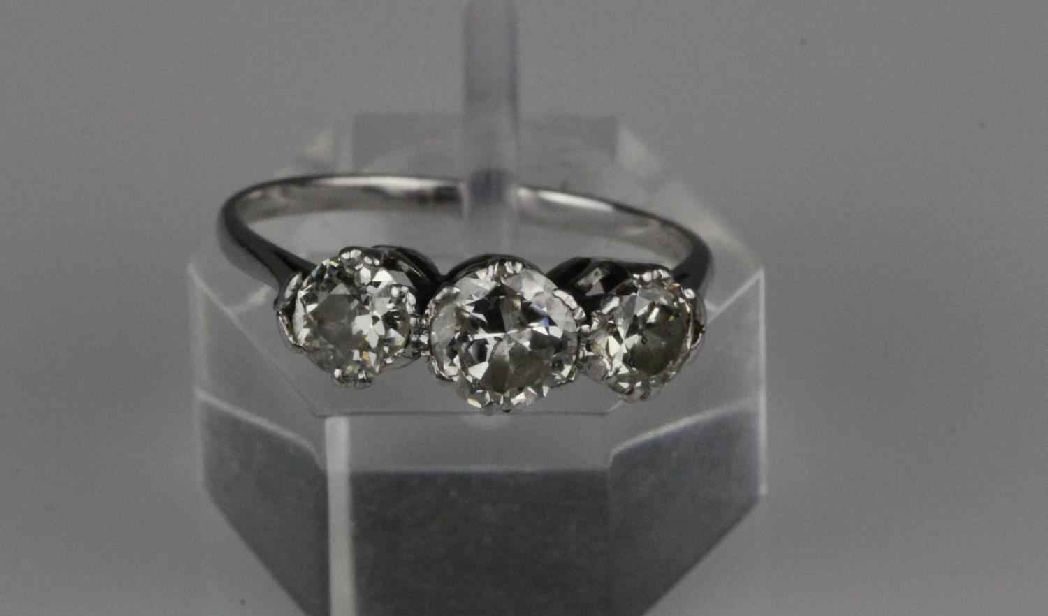 9ct White Gold Three Diamonds 1.6ct Ring. A 9ct white gold (tested - hallmarks rubbed) ring set with