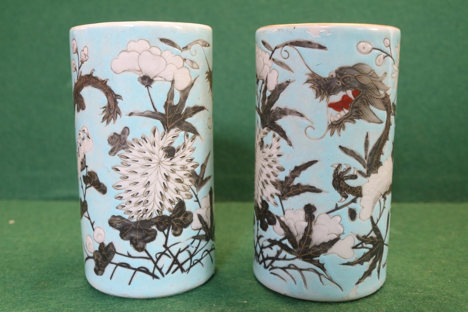 Pair of Antique Chinese Turquoise ground Dayazhai-style vases with en grisaille and white enamels - Image 2 of 4