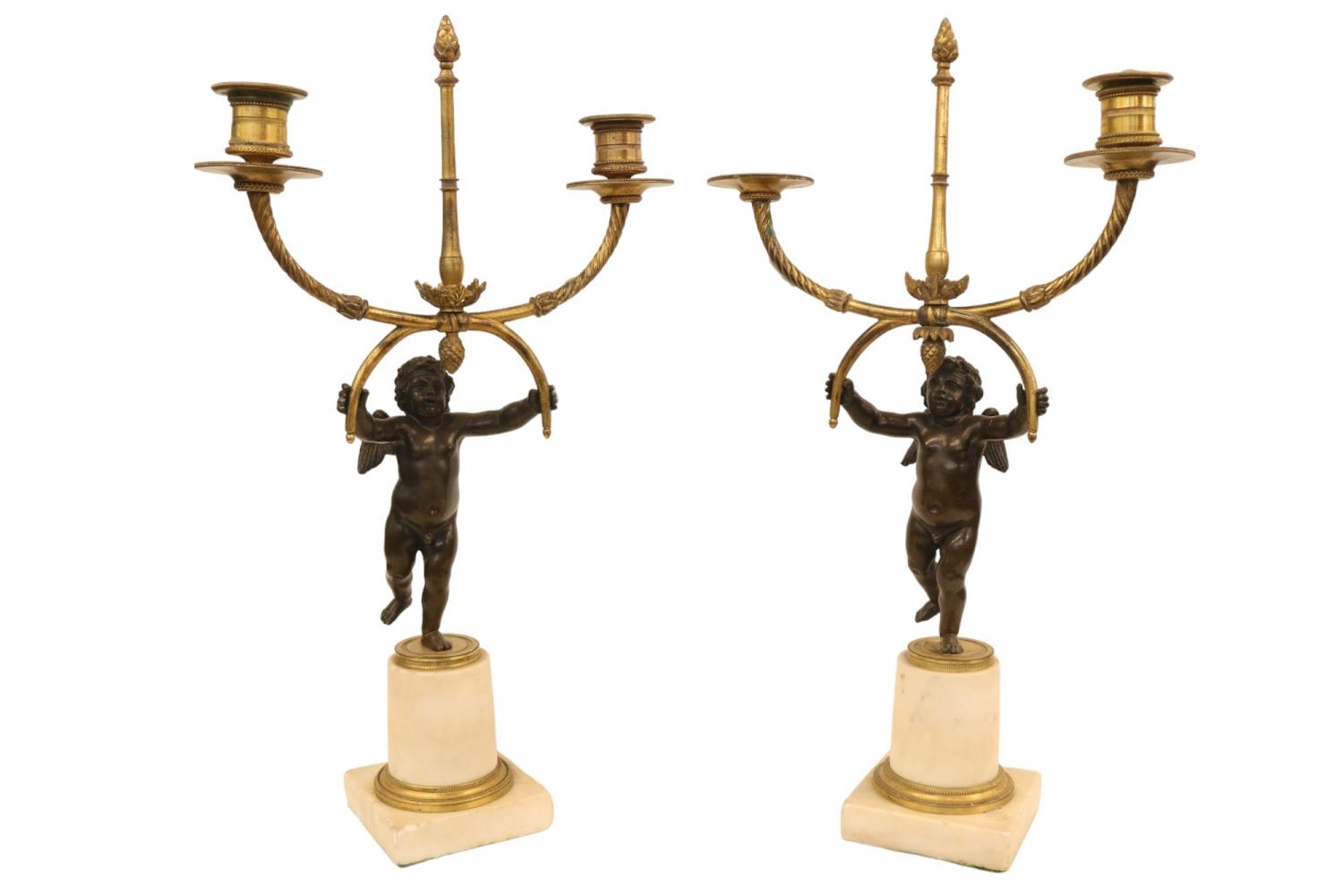 A Pair of Marble and Ormolu Mounted Two Branch Candelabra Mid 19thC modelled as Bronze Putti
