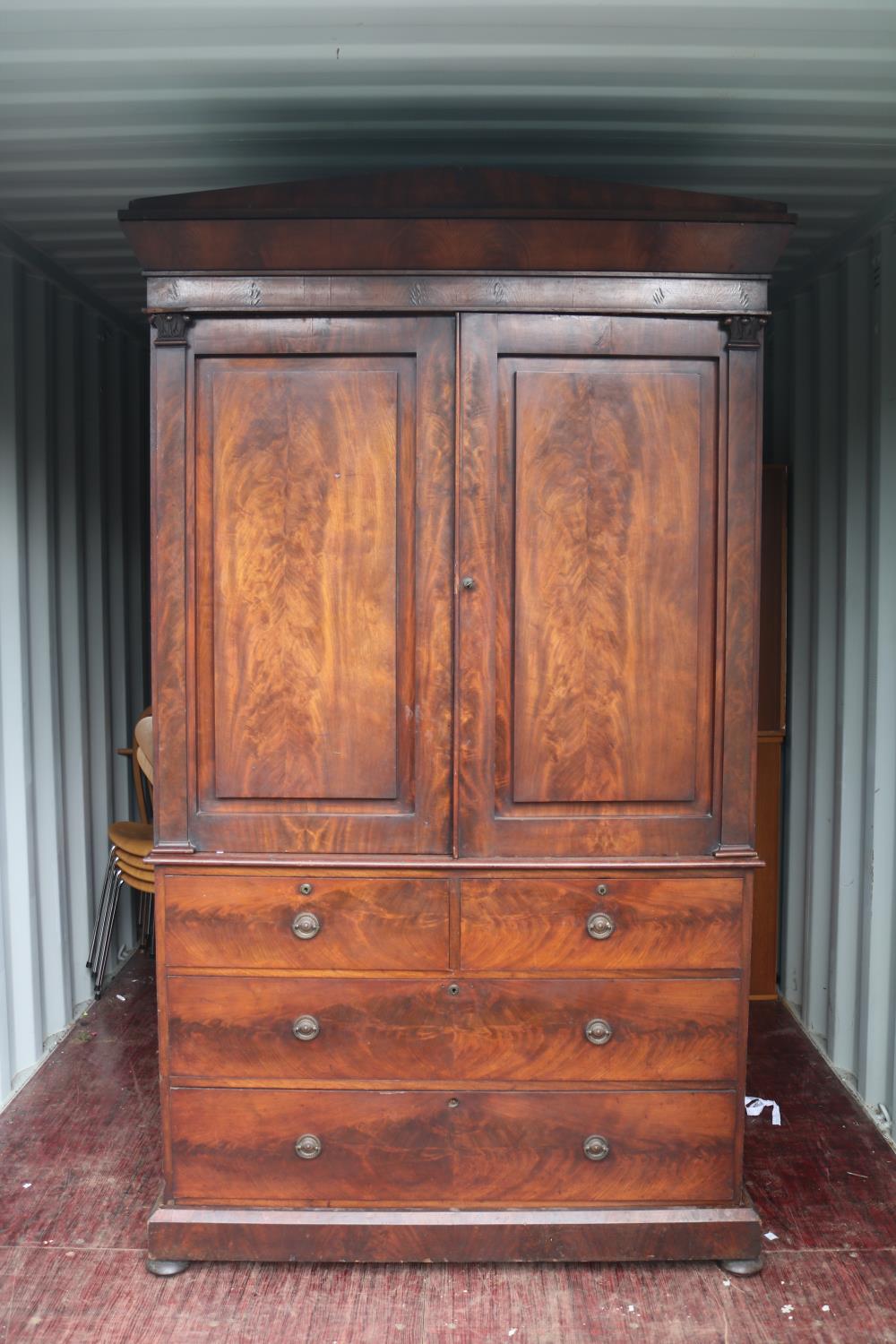 William IV Flame Mahogany fronted Linen press with panelled doors over 4 drawers with brass - Image 2 of 3