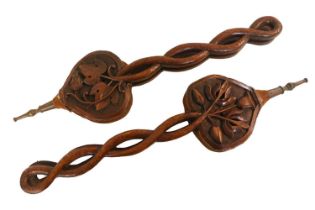Pair of 19thC Fruitwood Carved Bellows depicting Hop and Floral with entwined handles and Leather