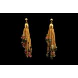 Pair of 18ct Gold Multi Faceted Tourmaline drop earrings of 5 different colours. 6cm in Length .