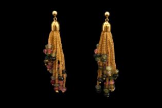 Pair of 18ct Gold Multi Faceted Tourmaline drop earrings of 5 different colours. 6cm in Length .
