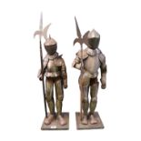 Pair of 19thC Miniature Suits of Jointed Armour mounted on wooden base holding Pikes.