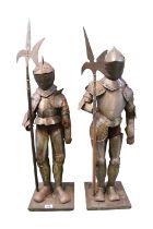 Pair of 19thC Miniature Suits of Jointed Armour mounted on wooden base holding Pikes.