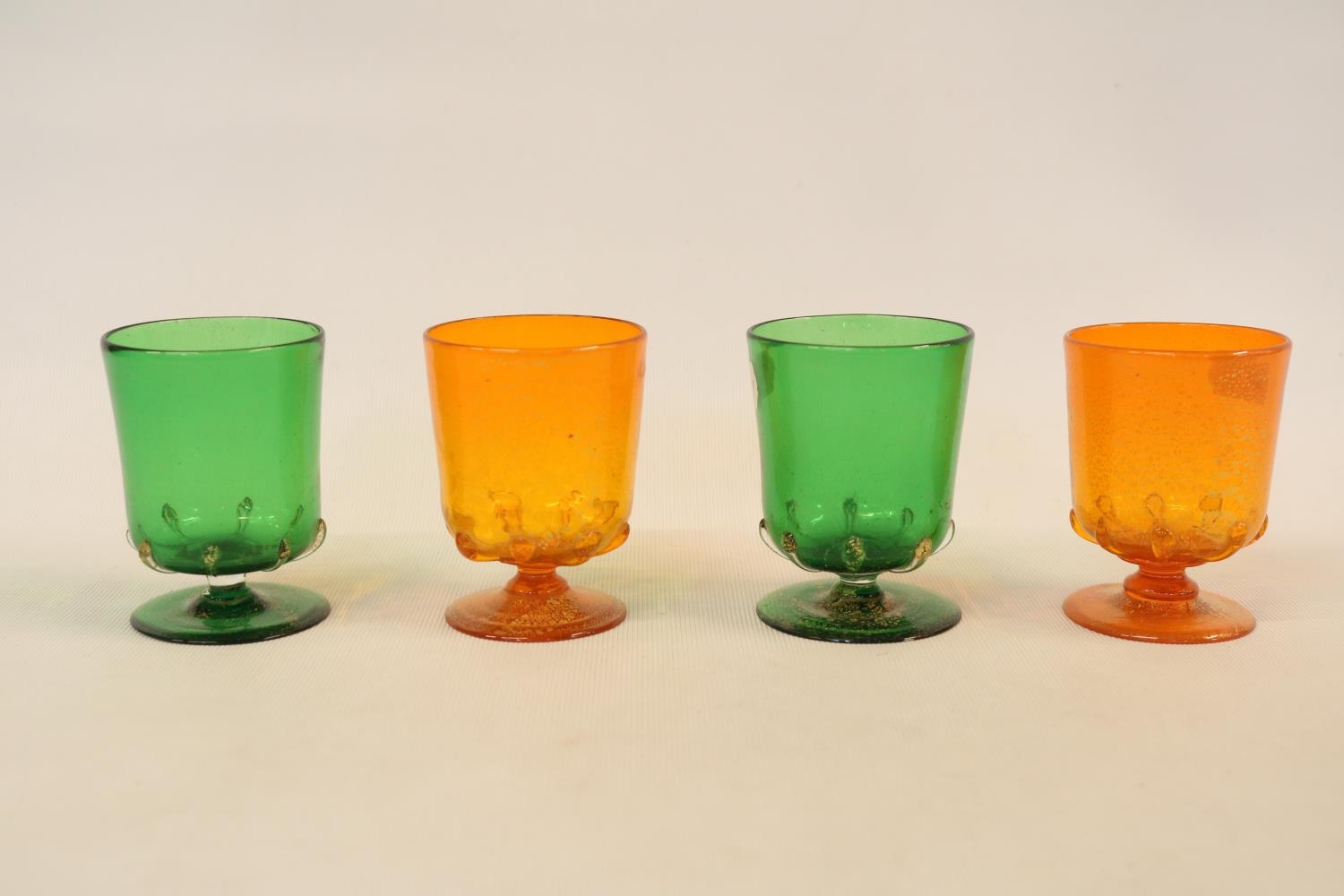 Antonio Salviati set of four green and orange Venetian revival Aventurine drinking glasses, circa - Image 2 of 5