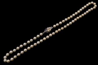 Fine Necklace set of Cultured Pearls set of 14K White Gold Sapphire & Diamond set clasp. 61 Hand