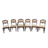 19thC Set of 6 Mahogany dining chairs with upholstered backs and drop in seats over carved show