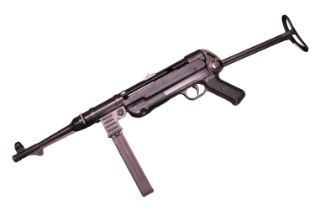A Denix reproduction metal MP40 Sub Machine Gun with magazine and strap with Y Strap