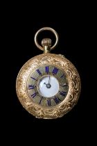 18K Ladies Pocket watch with Roman Numeral Dial 38g total weight with movement. 35mm in Diameter