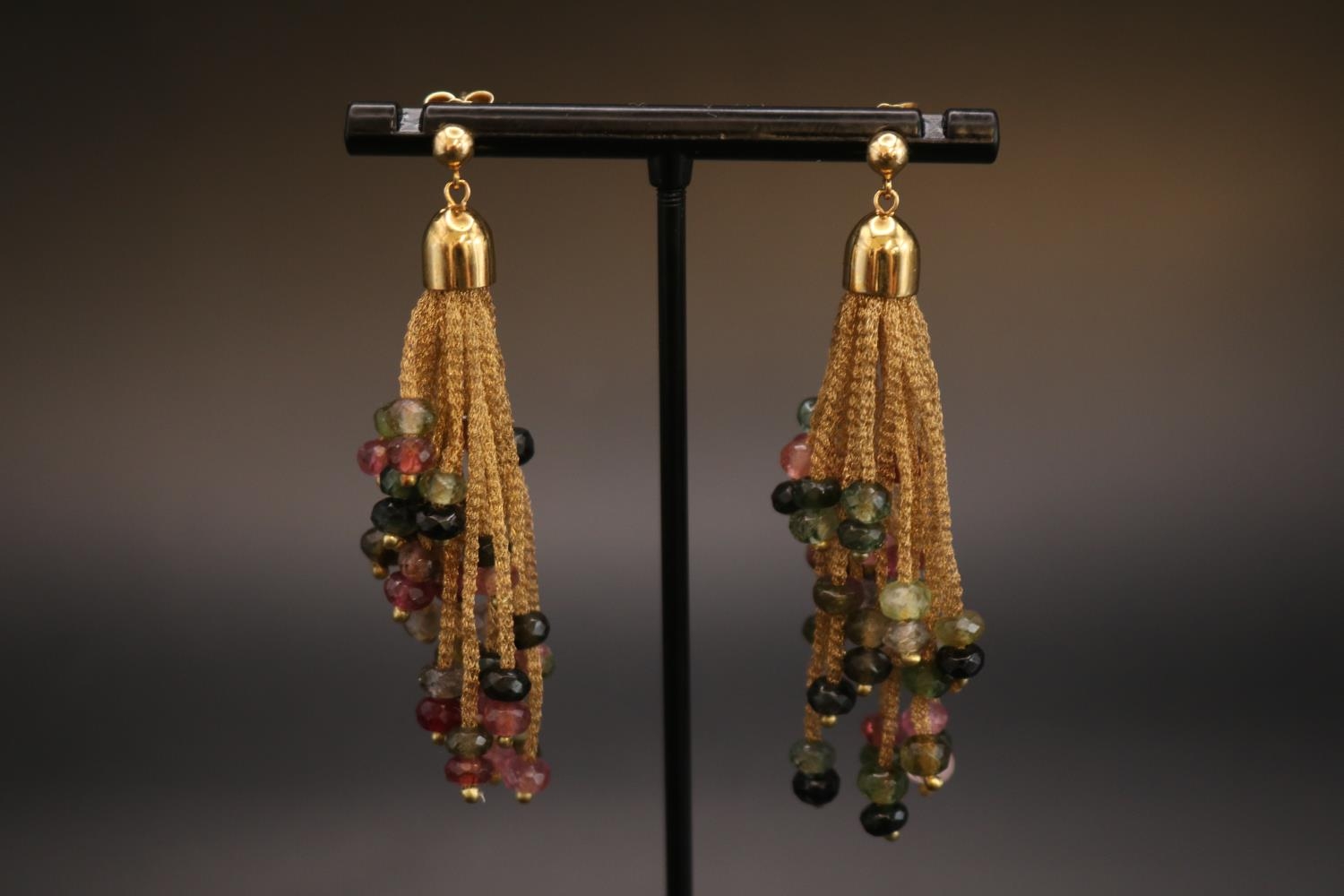 Pair of 18ct Gold Multi Faceted Tourmaline drop earrings of 5 different colours. 6cm in Length . - Image 3 of 3