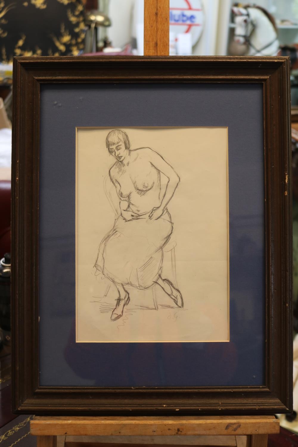 Duncan Grant (Scottish, 1885-1978) Pencil sketch full body portrait of a scantily clad (nude) female - Image 2 of 4