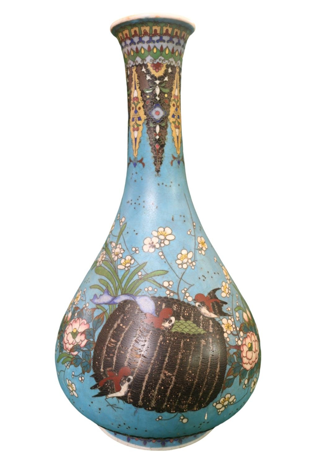 Japanese Meiji period vase decorated with Flora and fauna with Fancy Archaic design border. Six
