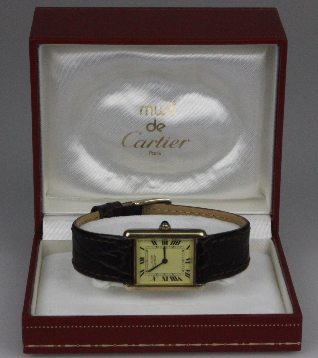 Cartier Vermeil Tank Must De Quartz Silver Gilt Unisex Wristwatch Box & Papers. Cartier Vermeil Tank - Image 2 of 9