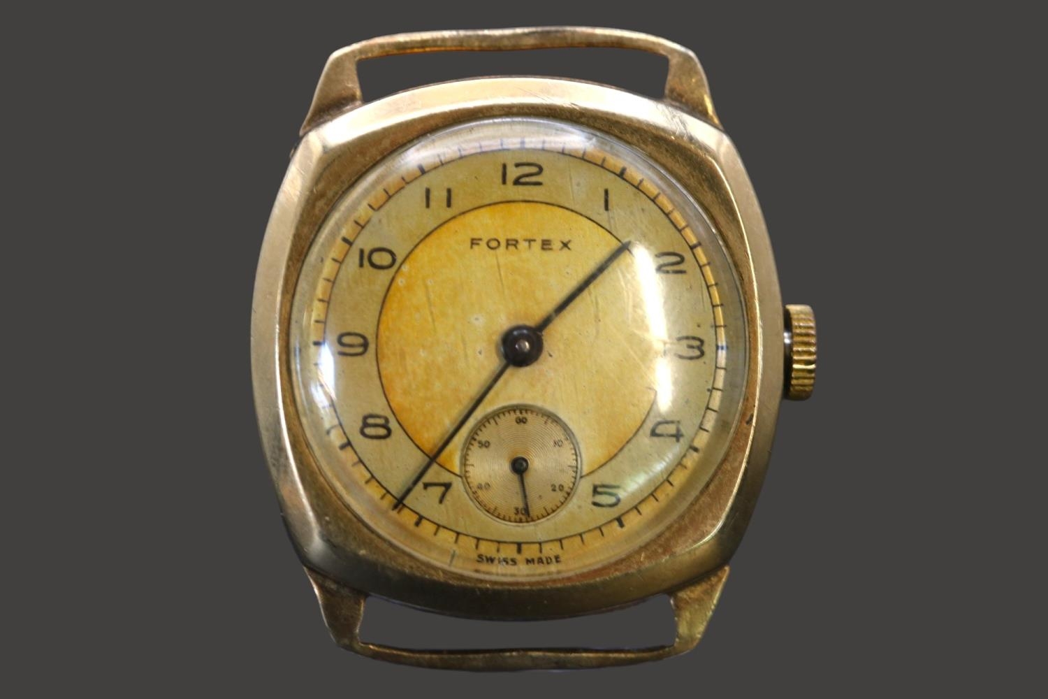 Fortex Gentlemen's 9ct Gold Cushion shaped wristwatch 15 Jewel with numeral dial. Engraved 26mm in