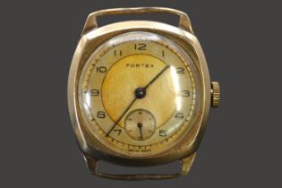 Fortex Gentlemen's 9ct Gold Cushion shaped wristwatch 15 Jewel with numeral dial. Engraved 26mm in