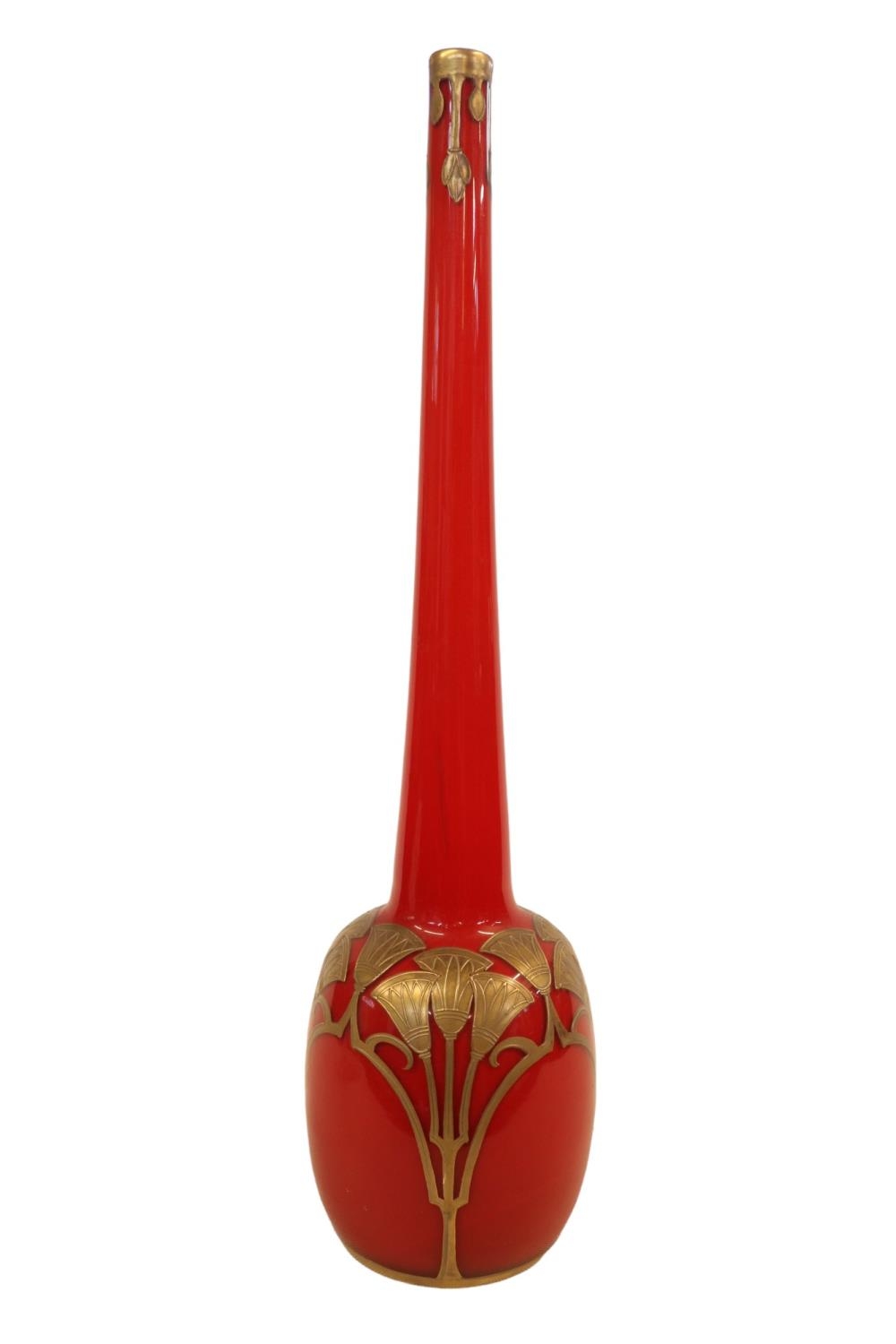 Legras French Egyptian revival 'Rouge De Chine' Red glass tall vase with attenuated neck and
