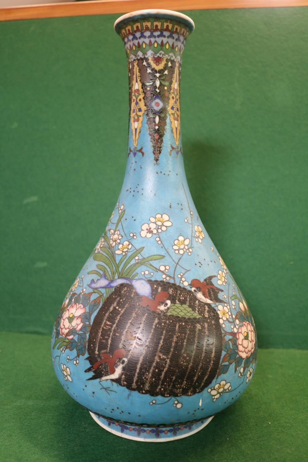 Japanese Meiji period vase decorated with Flora and fauna with Fancy Archaic design border. Six - Image 3 of 6