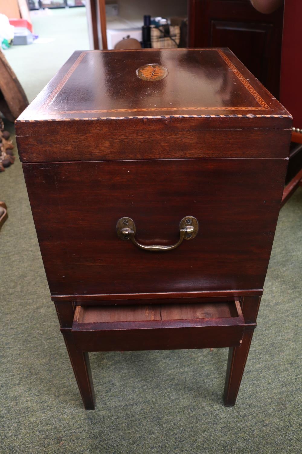 Georgian Inlaid Mahogany Wine Cooler on stand with integral drawer supported on tapering legs. - Image 5 of 6