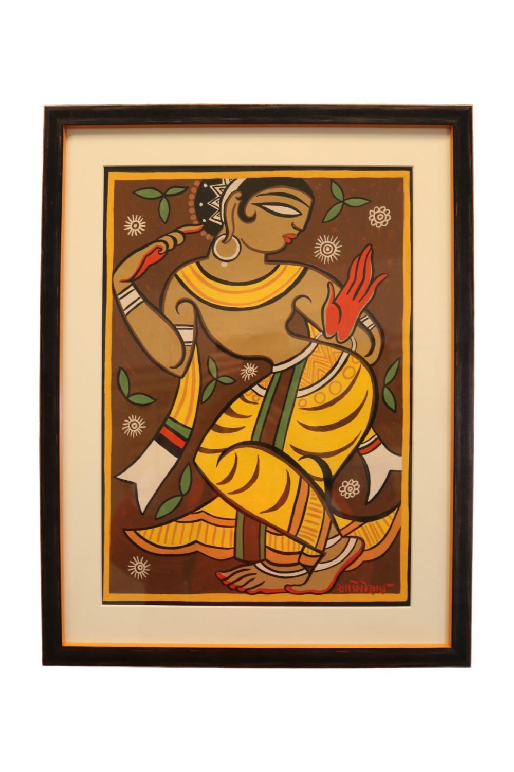 Jamini Roy (Indian, 1887-1972). Tempera of a Dancing Gopini, signed in Bengali script. Roy was one