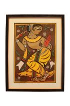 Jamini Roy (Indian, 1887-1972). Tempera of a Dancing Gopini, signed in Bengali script. Roy was one