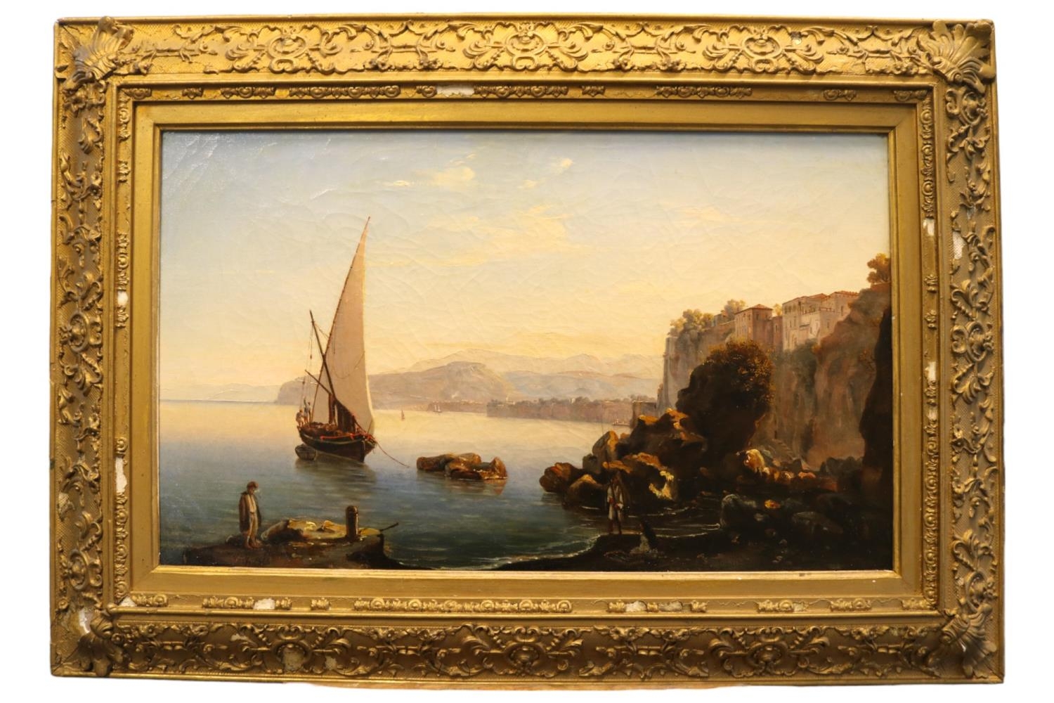 Angelo Viviani (Italian, b1800). Oil on canvas depicting Italian coastline near Naples with