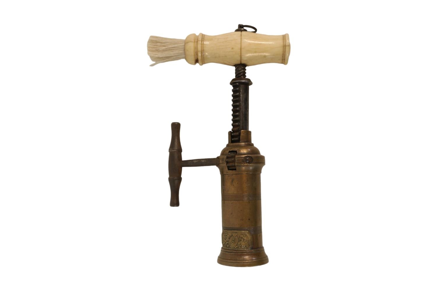 19thC English London Rack Corkscrew with turned bone handle with brush and hanging ring. Brass