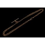 Edwardian 9ct Gold Double watch chain with lobster clasps and central T bar. 44g total weight,