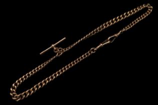 Edwardian 9ct Gold Double watch chain with lobster clasps and central T bar. 44g total weight,