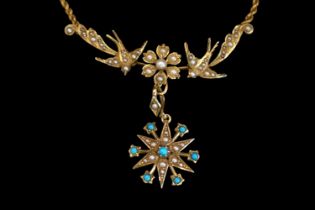 Late Victorian Ladies 15ct gold Seed pearl and Turquoise set Swallow and star necklace. 8.4g total