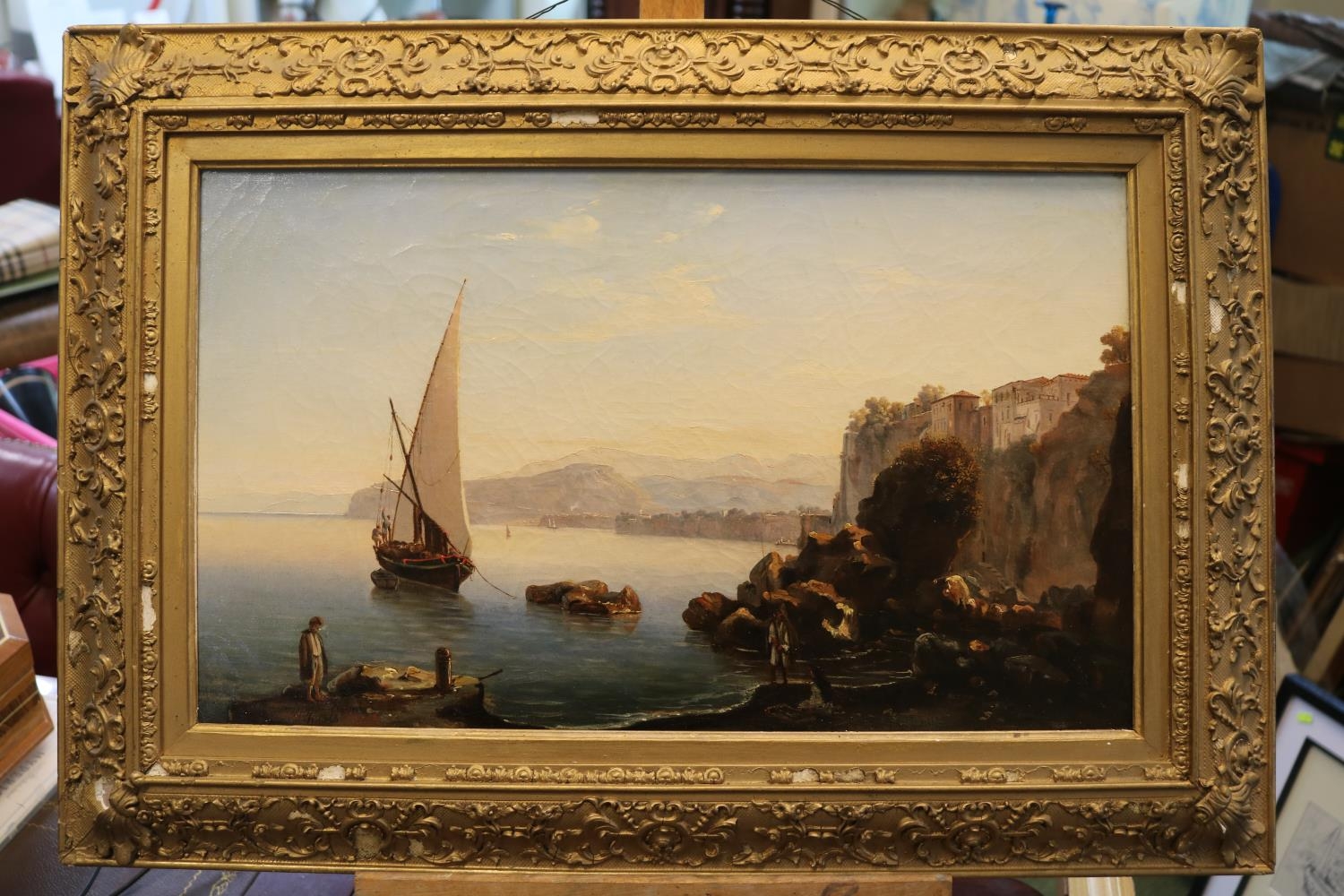 Angelo Viviani (Italian, b1800). Oil on canvas depicting Italian coastline near Naples with - Image 2 of 6