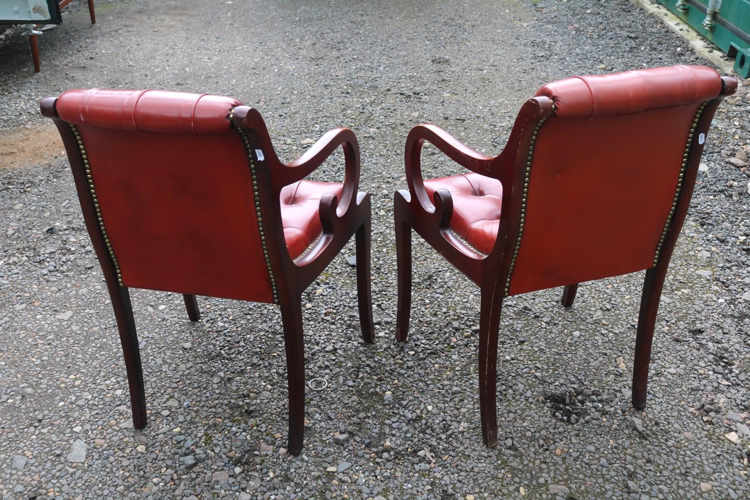 Pair of 20thC Chesterfield Button back Red Leather studded Elbow chairs with scroll arms - Image 4 of 4